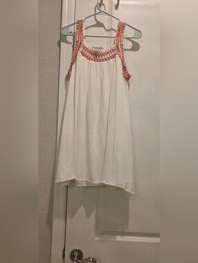 White High-Low Boho Dress with Coral Smocked Yoke